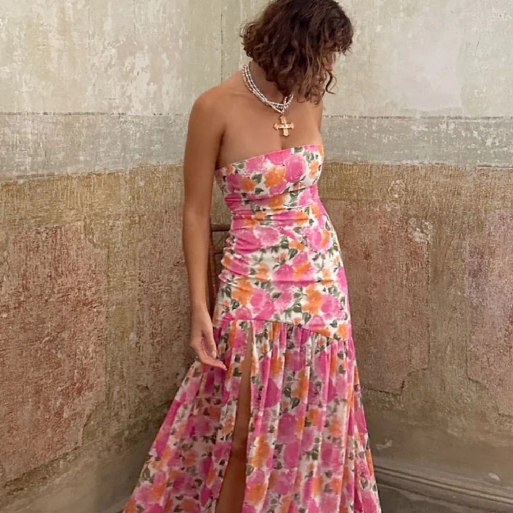 12th Tribe Strapless Floral Maxi Dress in Pink and Orange - Picture 2 of 10